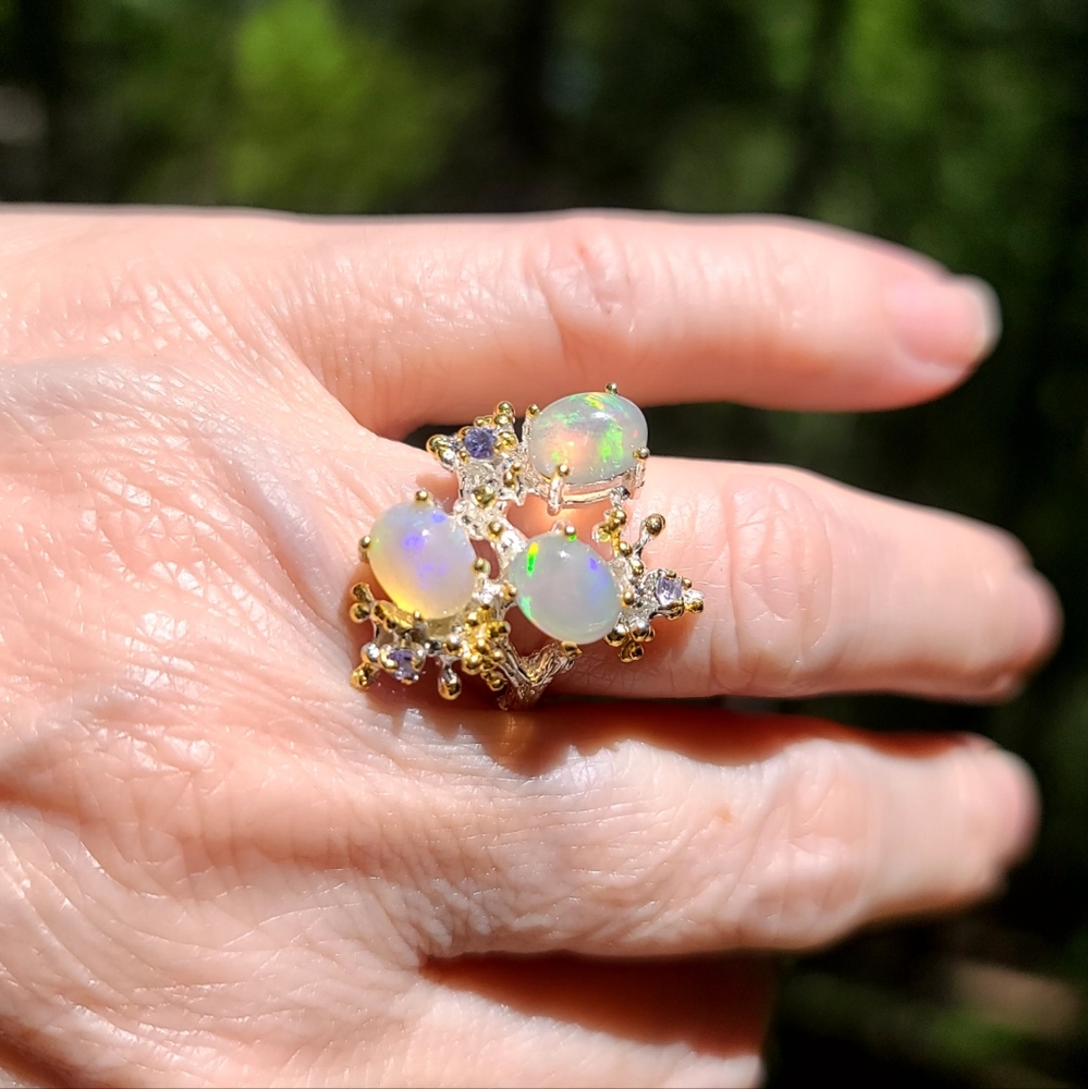 STUNNING Three Queens Opal & Tanzanite floral cocktail ring sz 7.5 - Picture 5 of 9